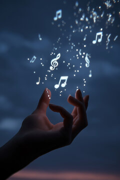 Close-up of a hand releasing luminous music notes into the night sky, metaphor for creative expression