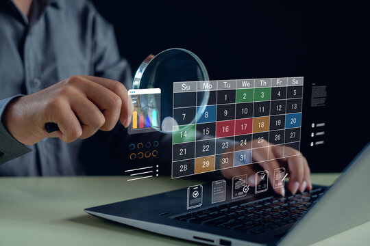business professional reviewing digital analytics with a virtual calendar interface, showing data planning, scheduling, and productivity insights for modern workflow management.