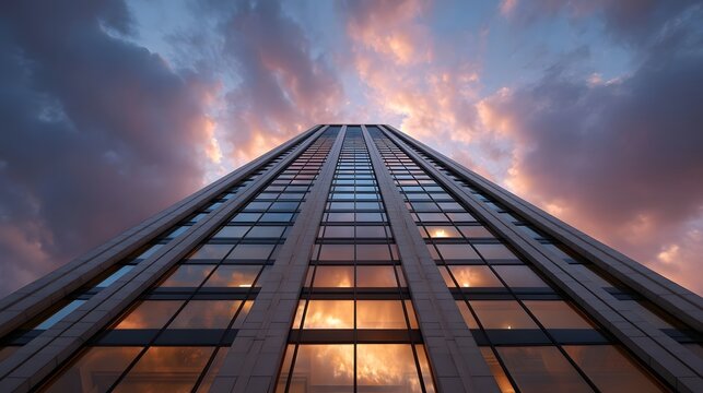 Low angle view of a modern skyscraper with dramatic sunset clouds reflecting in its glass facade