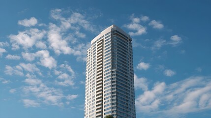 Fototapeta premium A modern high rise skyscraper stands tall against a clear blue sky dotted with white clouds