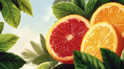Citrus Symphony: A vibrant arrangement of sliced citrus fruits bursting with freshness, nestled amongst lush green leaves, evoking a sense of healthy living and natural goodness.