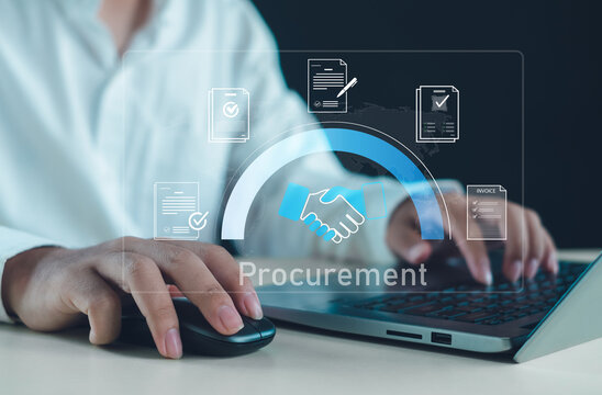 modern procurement concept showing digital contract management, supplier workflow, and approval processes with technology icons representing efficient business operations and automation.