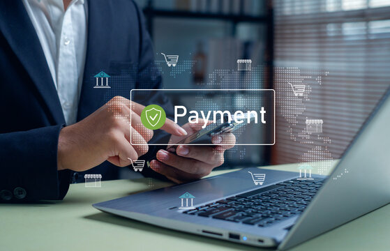 business professional making a secure digital payment on a smartphone, representing online transactions, fintech solutions, mobile banking, global commerce, and modern financial technology.