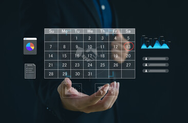 business professional interacting with a virtual calendar interface showing scheduling, data analytics, and workflow planning, representing modern digital management and futuristic productivity tools.
