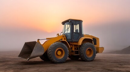 A yellow front end loader sits ready in the soft hazy glow of a construction site at dawn