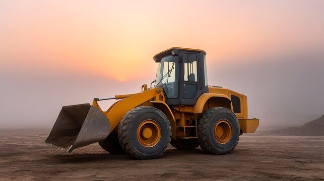 A yellow front end loader sits ready in the soft hazy glow of a construction site at dawn