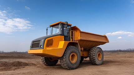 An off road articulated dump truck parked on a construction site under a clear blue sky
