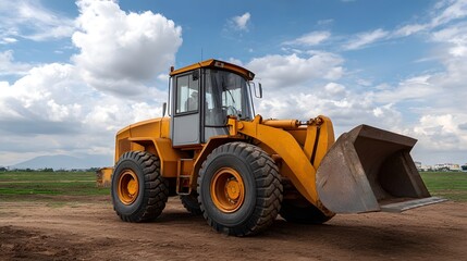 A yellow front end loader stands ready on a dirt surface under a bright blue sky with white clouds