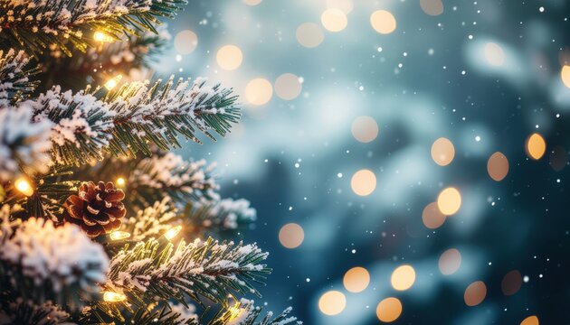 Enchanting winter wonderland snow-covered christmas tree with glowing lights cozy living room holiday decor evening ambiance warm glow of festive spirit