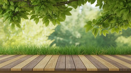 "Wooden Tabletop in Lush Green Garden, Natural Lighting, Summer Scene"