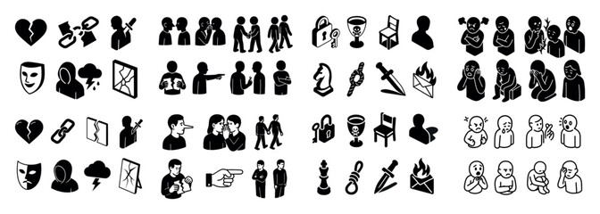 Diverse emotion icons in black and white