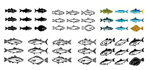 Diverse fish silhouettes and illustrations
