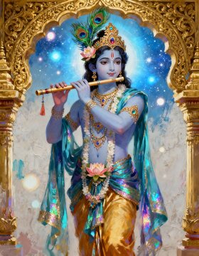 Divine Krishna Playing Flute, Hindu God Artwork, Blue Skin, Peacock Feather Crown, Lotus Flower, Indian Deity