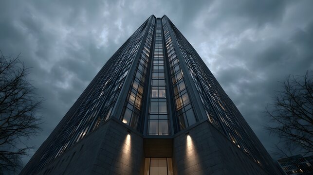 A modern skyscraper is dramatically lit against a dark cloudy twilight sky - Powered by Adobe