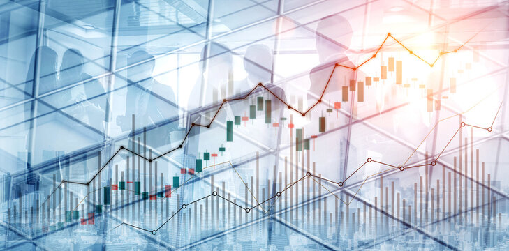 Business professionals assess stock market trends with graphic overlays in a modern office. The image symbolizes analysis, growth, and teamwork in finance. Scalp