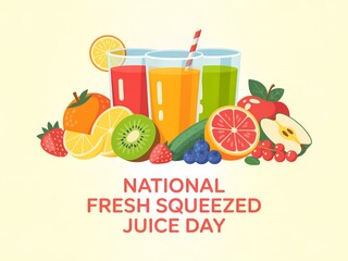 Vibrant assortment of freshly squeezed juices and fruits celebrating national fresh squeezed juice day