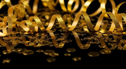 Close-up of Sparkling Gold Curly Ribbons and Stars for New Year's Eve Party