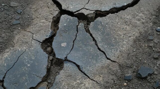 Video A split in the road surface with rough edges and cracks