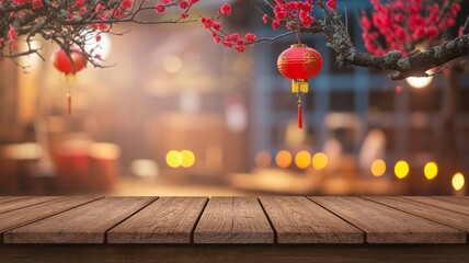 "Vibrant Chinese Lanterns on Blossoming Tree, Wooden Table, Festive Street Lights"
