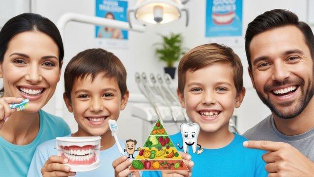 Family promotes healthy teeth through good nutrition and oral hygiene at the dentist