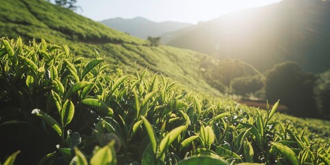 Lush Green Tea Plantation in Golden Sunlight, Mountainous Landscape