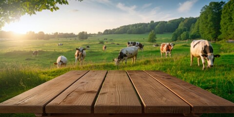 "Serene Pastoral Scene: Cows Grazing in Lush Green Meadow at Sunset"