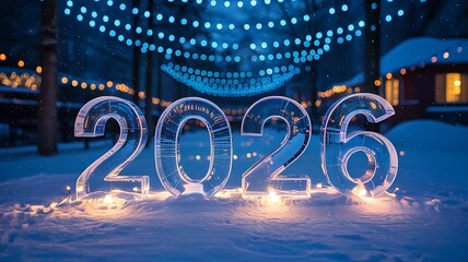 Glowing ice sculpture of the year 2023 illuminated by warm lights and festive blue string lights in a snowy winter setting