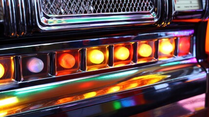 Obraz premium A vintage jukebox with glowing lights reflecting on its chrome surface. lifestyle magazines, social media lookbooks, designed for lifestyle magazines and social media content.