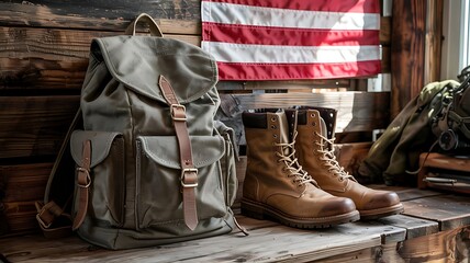 Vintage canvas backpack and rugged leather boots displayed with american flag and rustic wooden background