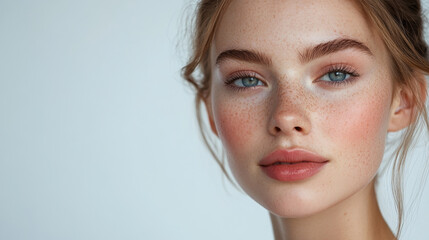 Portrait of a Person with Freckles and Blue Eyes – Close-Up on Light Skin for Beauty Blogs and Skincare Advertising