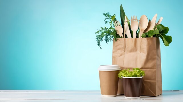 Brown paper grocery bag filled with fresh produce and drinks on a white wooden table against a blue background