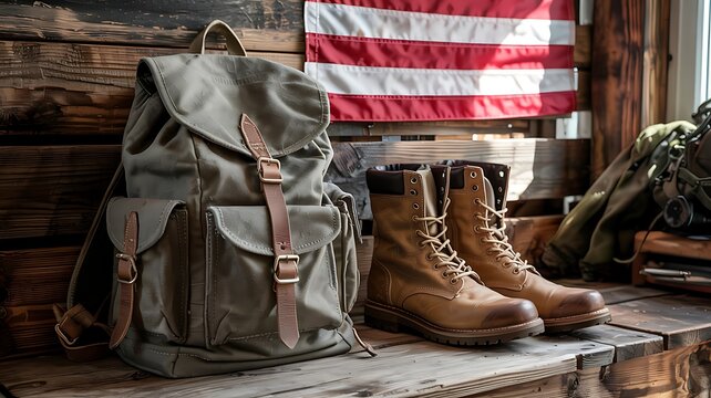 Vintage canvas backpack and rugged leather boots displayed with american flag and rustic wooden background - Powered by Adobe