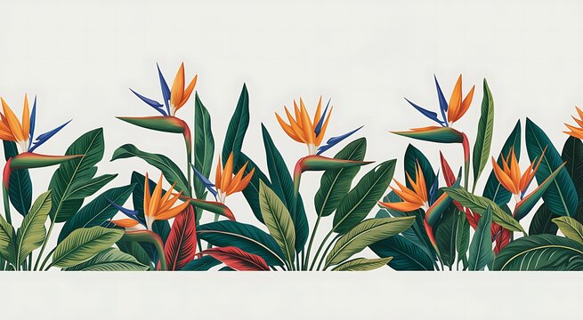 Vibrant tropical border of exotic bird of paradise flowers and lush green foliage against a clean white background - Powered by Adobe