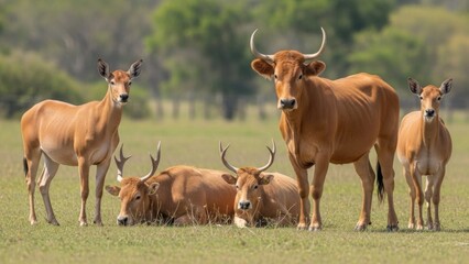 Harmonious grazing a mixed group of fawn coloured deer and cattle sharing green pasture peacefully