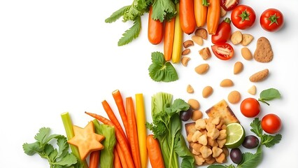 comparison. A comparison of fresh produce and packaged snacks on a white surface. menu design, packaging mockups, designed for culinary blogs and recipe cards for restaurants.
