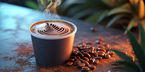 "Steaming Latte Art in Paper Cup with Coffee Beans on Rustic Table"
