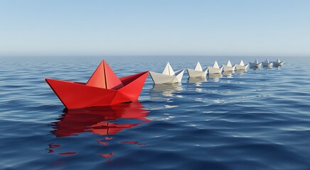 Bright red paper boat leads a long line of white paper boats sailing across a calm blue ocean under a clear sky