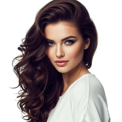Naklejka premium Beautiful woman with flowing dark wavy hair and striking makeup looking directly at viewer isolated on transparent background