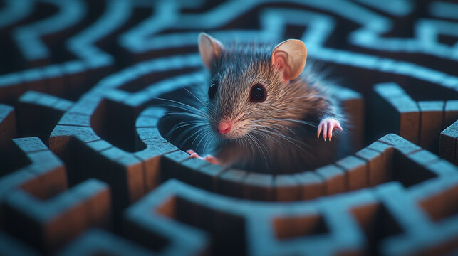Laboratory Mouse in Intricate Maze &ndash; Dark Brick Pattern for Scientific Research and Psychology Studies
