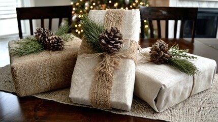 Rustic Christmas Gifts with Burlap, Pine Cones and Greenery