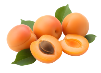 Fresh ripe apricots with green leaves isolated on transparent background