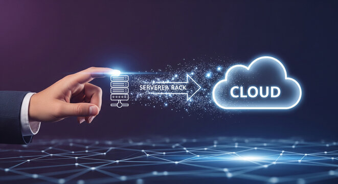Finger touching virtual computer transferring data to cloud computing system, concept of modern digital technology and big data storage and analysis