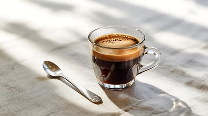 A freshly brewed espresso coffee in a clear glass mug with a silver spoon casting a shadow on a textured surface