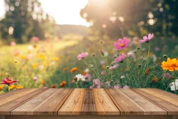 "Wooden Tabletop in Serene Meadow with Blooming Wildflowers at Sunset"