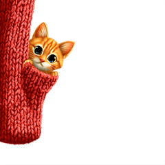 Cartoon Cat in a Giant Red Wool Sock, Isolated on White Background 