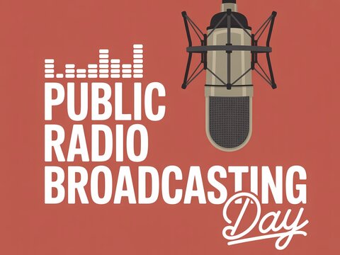 Vintage microphone and equalizer graphic celebrating public radio broadcasting day