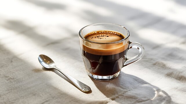 A freshly brewed espresso coffee in a clear glass mug with a silver spoon casting a shadow on a textured surface