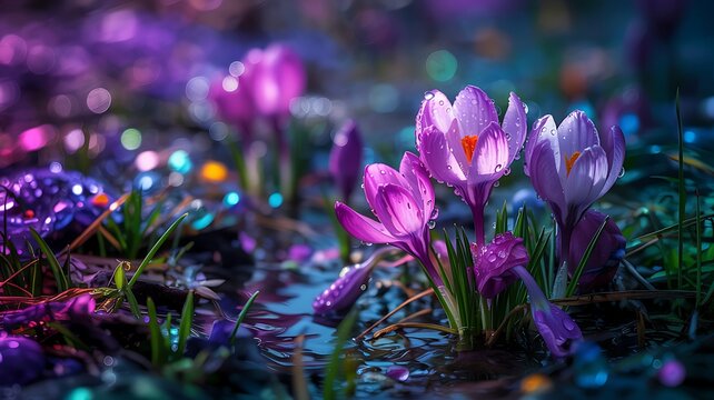 Magical close up of delicate purple crocuses blooming in a mystical forest with enchanting bokeh lights and dew drops