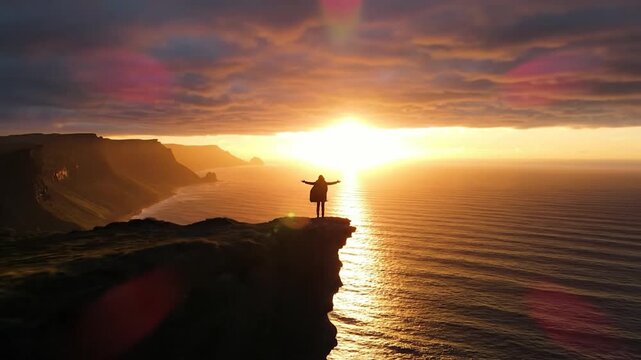 Human figure standing on cliff edge at sunset overlooking vast ocean landscape