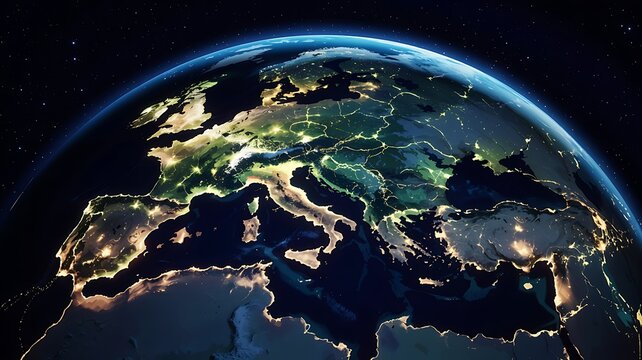Illuminated earth at night showing europe and africa with glowing city lights visible from space